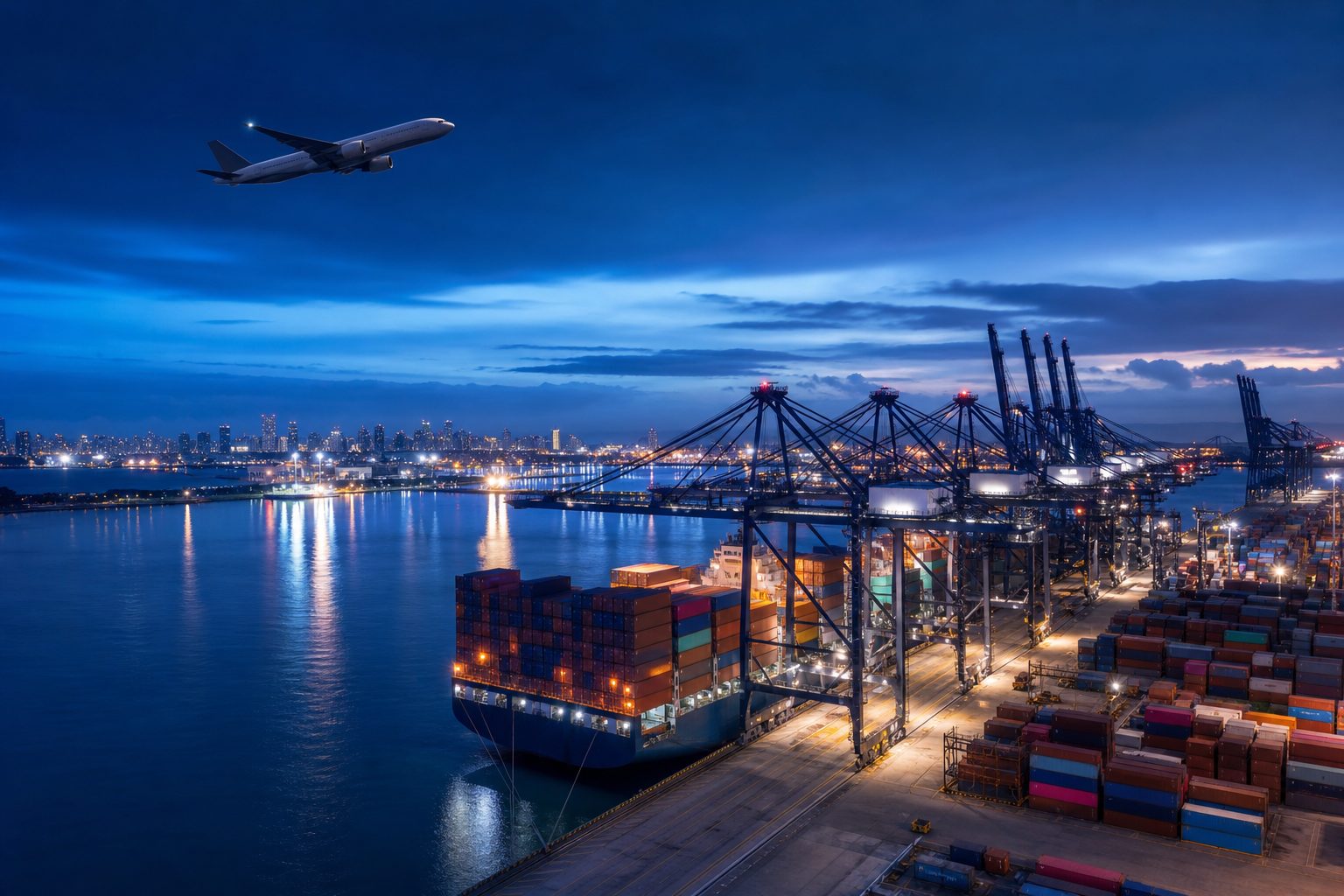 Container port at dusk