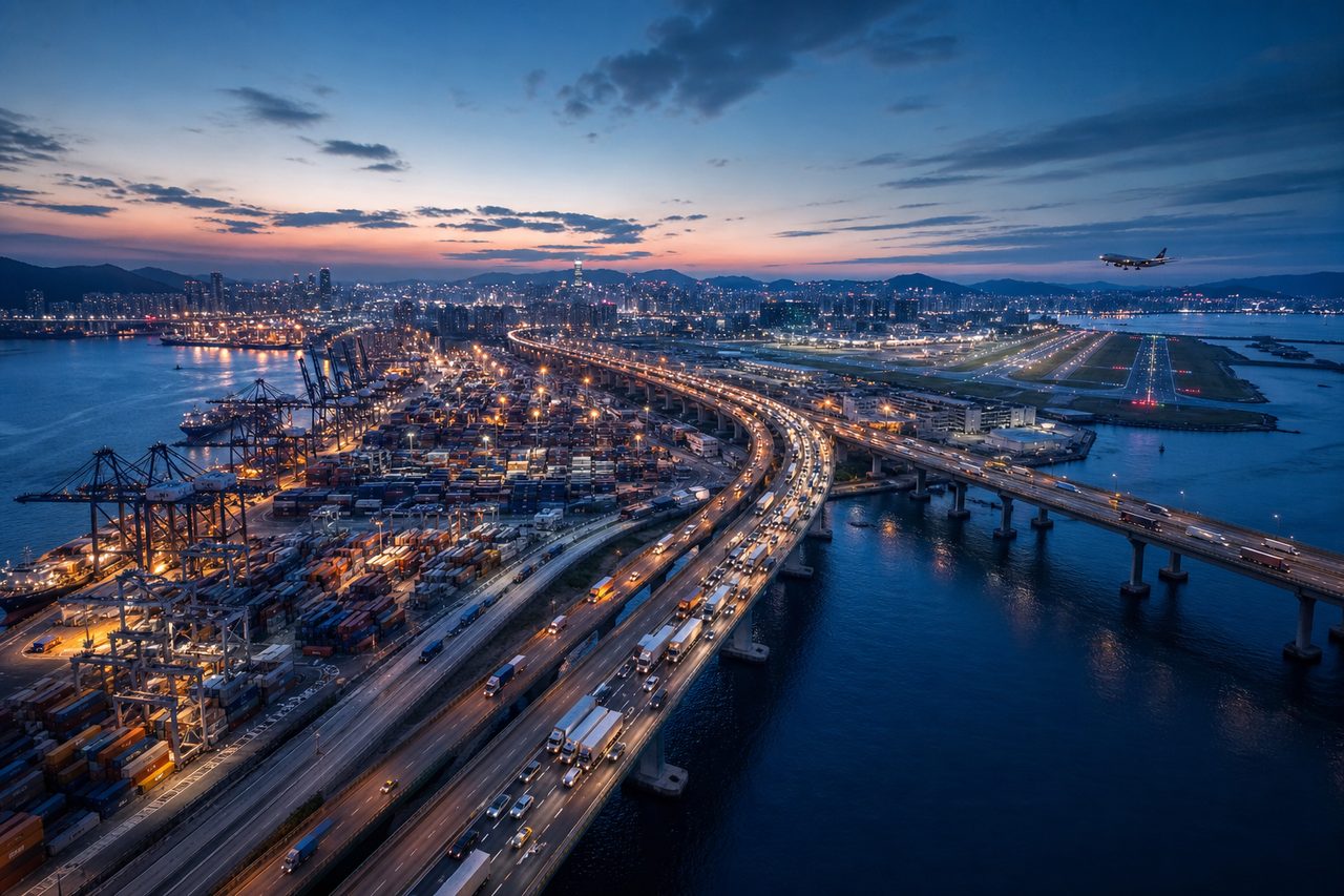 Connected logistics network at dusk